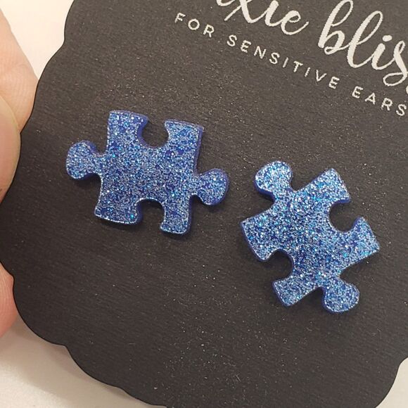 Dixie Bliss Autism Awareness Puzzle Piece Glitter Earrings Blue Hypoallergenic - Picture 4 of 4